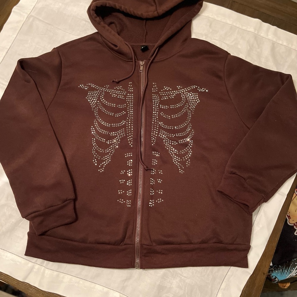Shein brown zip up rhinestone skeleton hoodie size XL